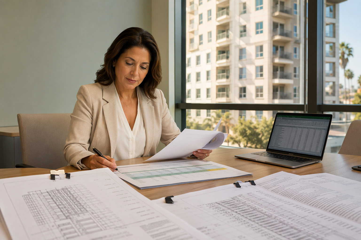 Building manager reviewing elevator modernization versus full replacement cost bids and budget documents in a Los Angeles office, evaluating Southern California project pricing.