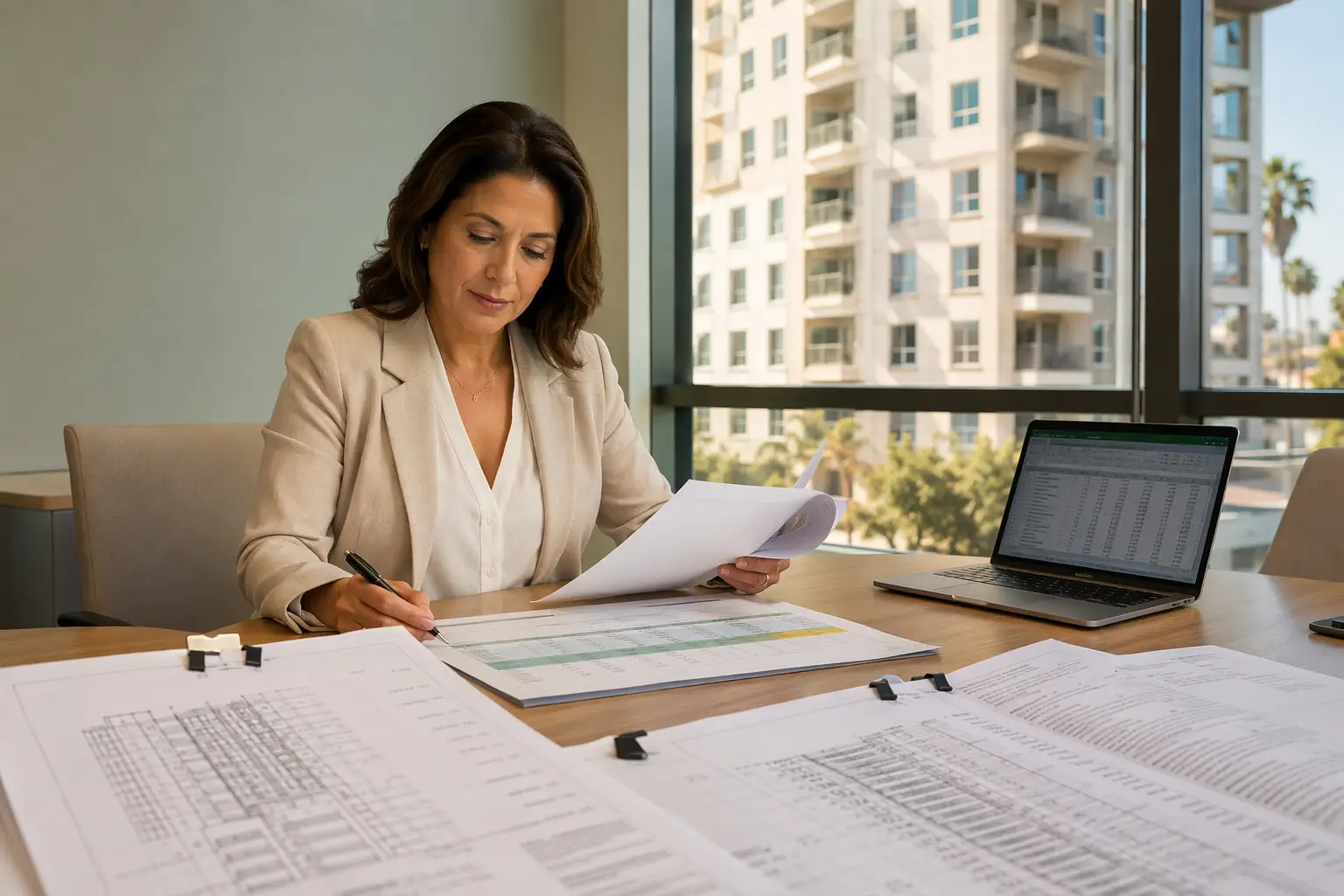 Reviewing Elevator Modernization vs. Replacement Bids Building manager reviewing elevator modernization versus full replacement cost bids and budget documents in a Los Angeles office, evaluating Southern California project pricing.
