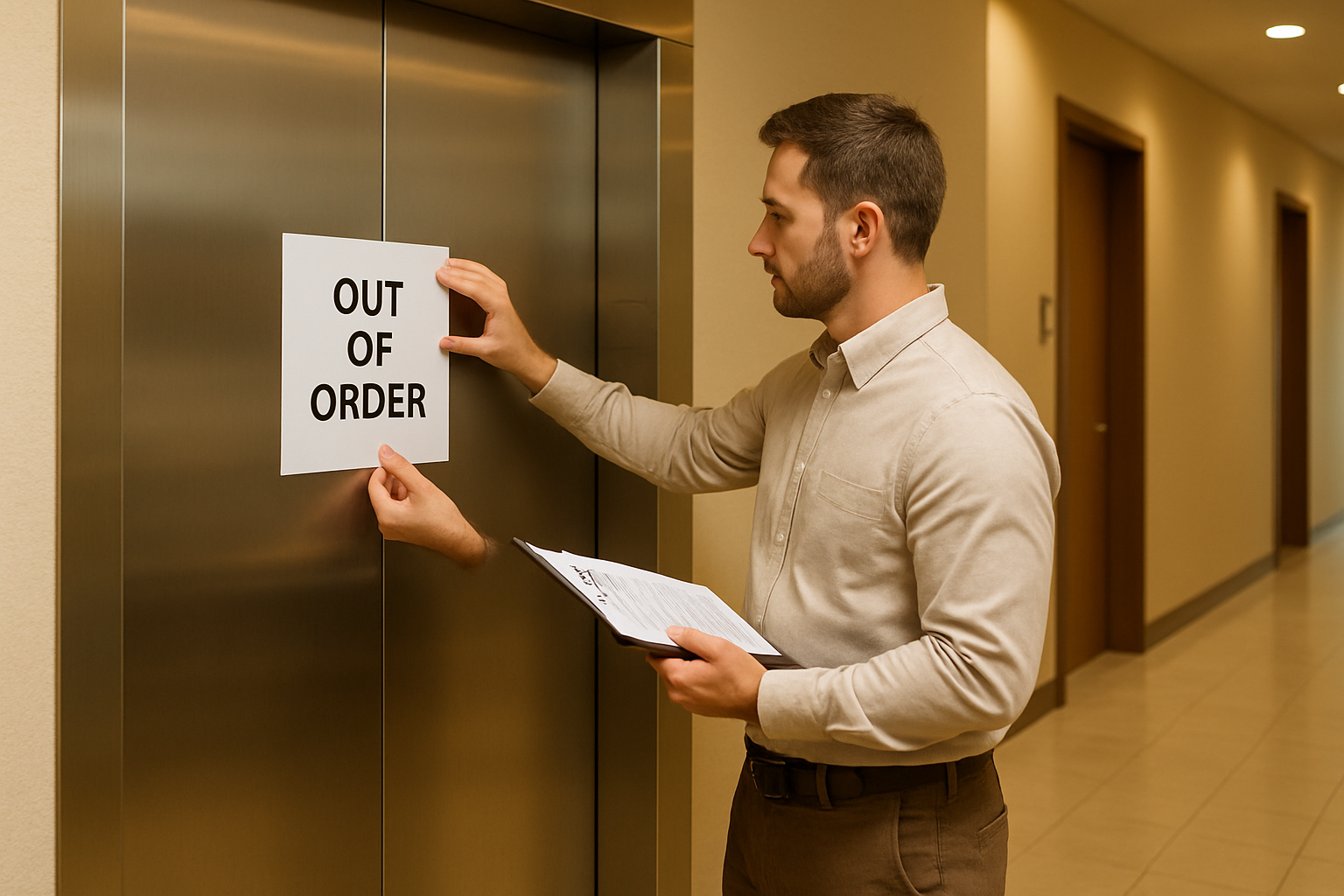Building manager posting out-of-service notice on elevator doors — immediate step when elevator is out of service to notify occupants and comply with regulations