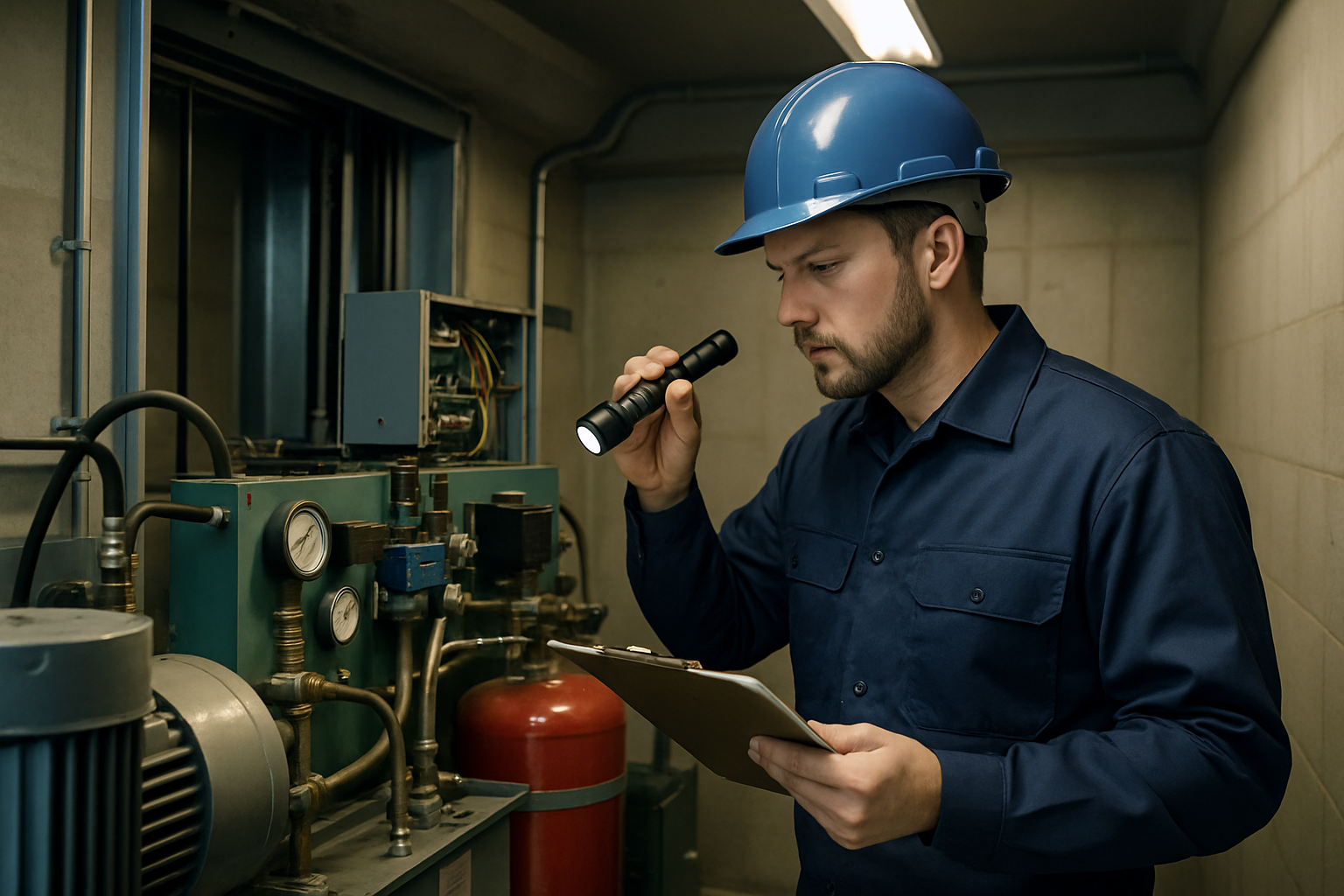Certified elevator technician diagnosing out-of-service elevator in machine room — emergency inspection to identify fault and restore safe elevator operation