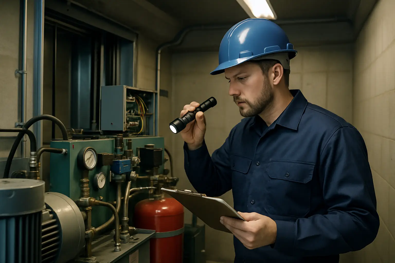Certified elevator technician diagnosing out-of-service elevator in machine room — emergency inspection to identify fault and restore safe elevator operation