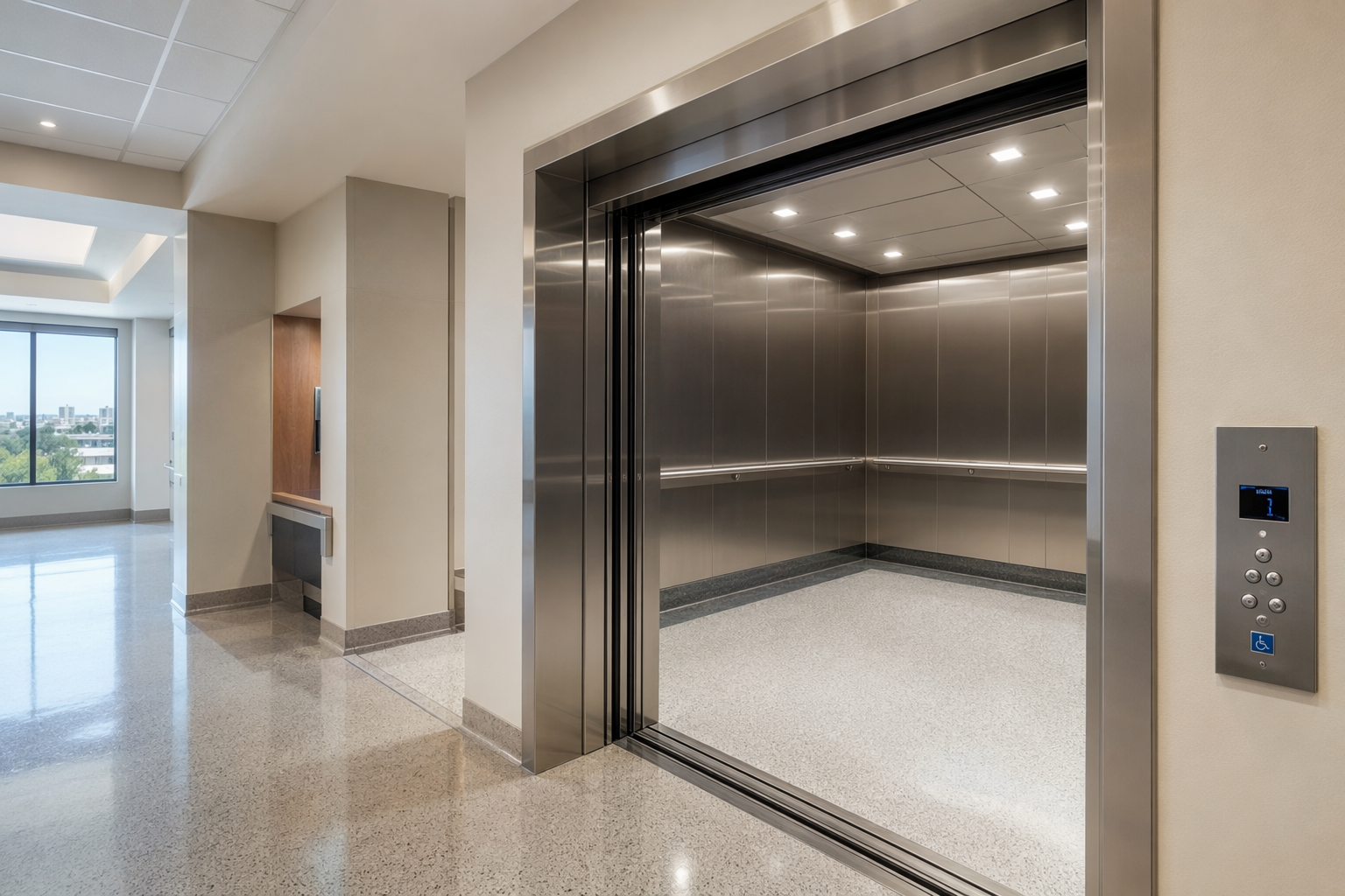ADA-compliant hospital elevator with stainless-steel doors and gurney-width cab interior meeting ASME A17.1 elevator safety code compliance standards in a Southern California healthcare facility