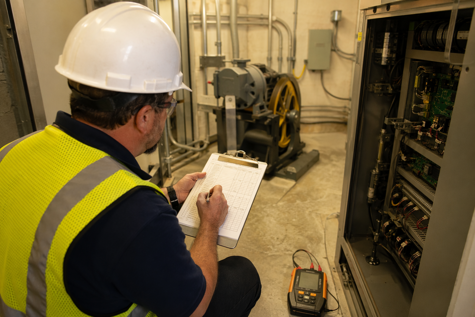 Elevator inspector reviewing ASME A17.1 compliance checklist in a machine room during a California Title 8 elevator safety code inspection at a healthcare facility