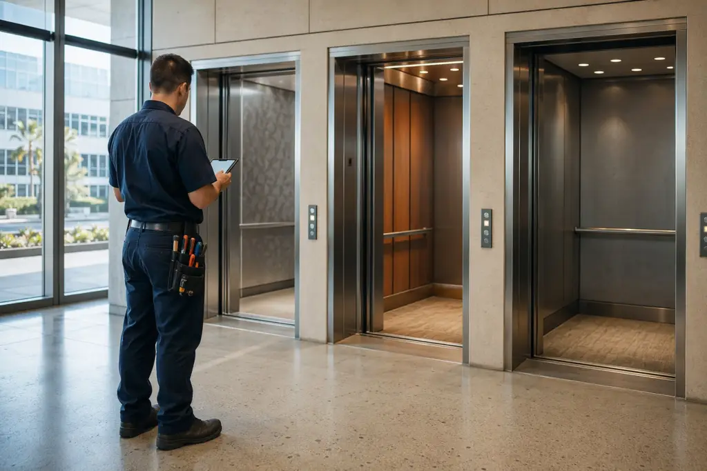Independent elevator service company technician reviewing multi-brand elevator bank in Long Beach CA commercial lobby, illustrating the difference between OEM and independent service providers