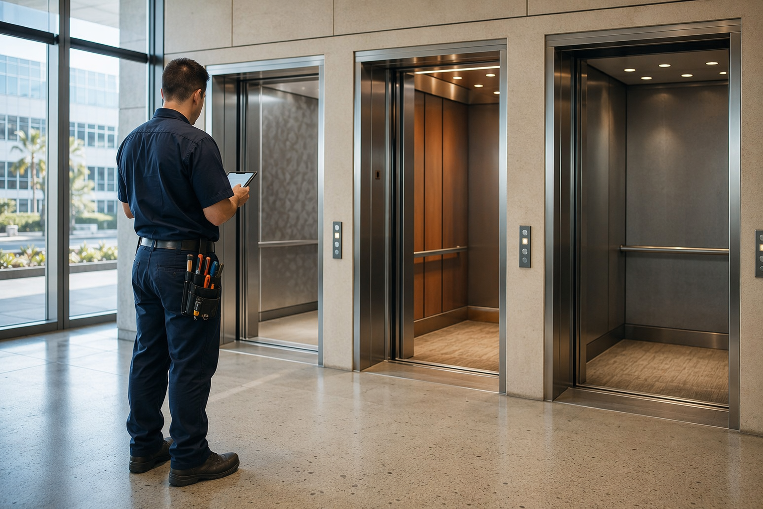 Independent Elevator Service vs OEM: Multi-Brand Coverage Independent elevator service company technician reviewing multi-brand elevator bank in Long Beach CA commercial lobby, illustrating the difference between OEM and independent service providers