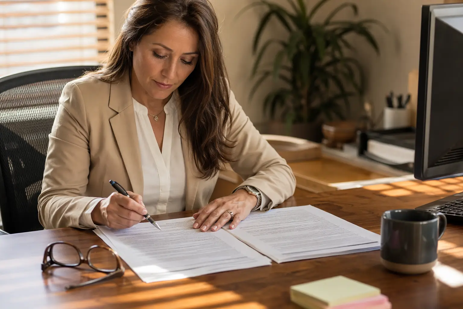 Comparing OEM vs Independent Elevator Service Contracts Property manager in Los Angeles comparing OEM elevator maintenance contract terms against an independent elevator service company agreement at her desk