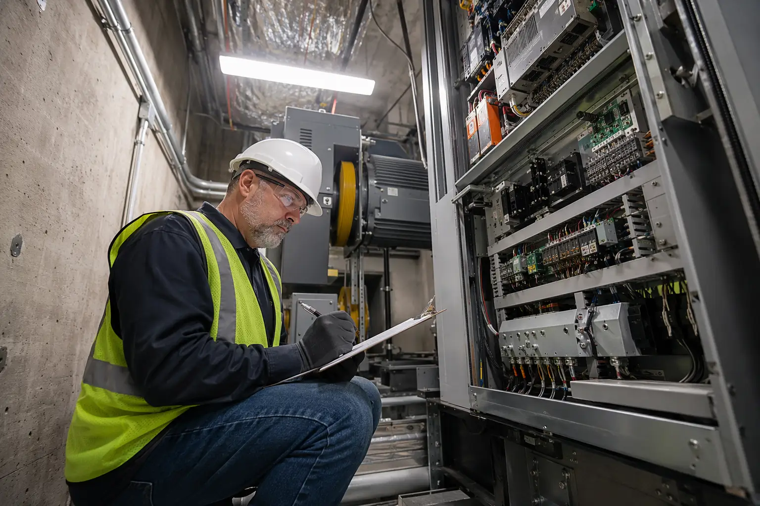 ASME A17.1 Compliance Inspection by Certified Elevator Service Provider Elevator inspector reviewing ASME A17.1 compliance checklist beside a machine room controller in an Orange County commercial building during a code inspection