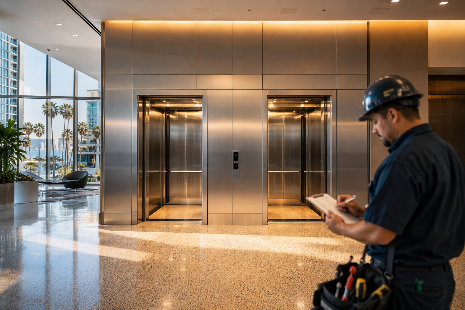 Elevator Service Long Beach CA – Lobby Inspection IUEC-certified elevator technician inspecting a stainless-steel elevator bank in a Long Beach CA high-rise lobby, representing professional elevator service in Long Beach CA.