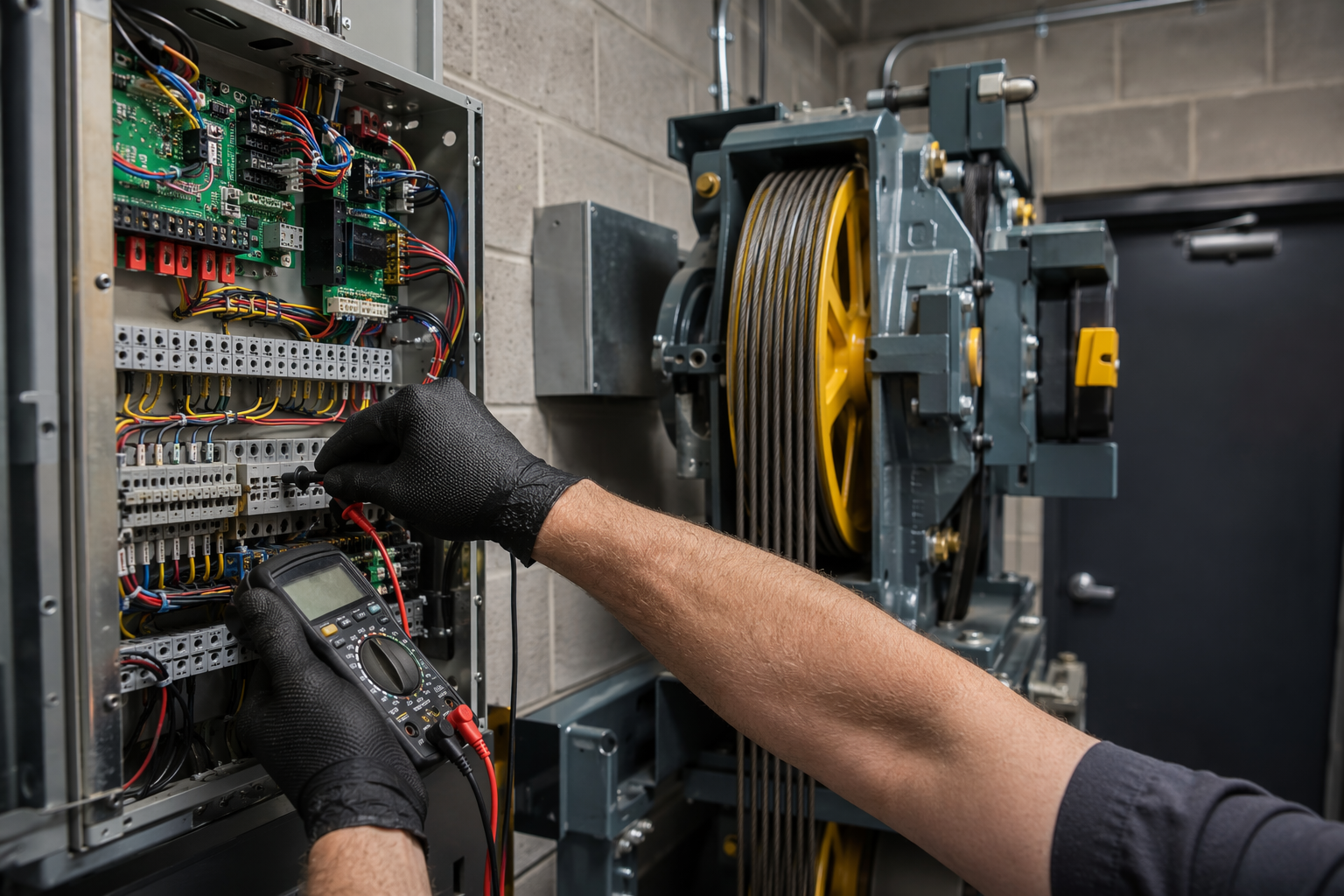 Machine-Room Preventive Maintenance – Long Beach CA Elevator technician testing controller wiring in a machine room during preventive maintenance for a commercial building in Long Beach CA.