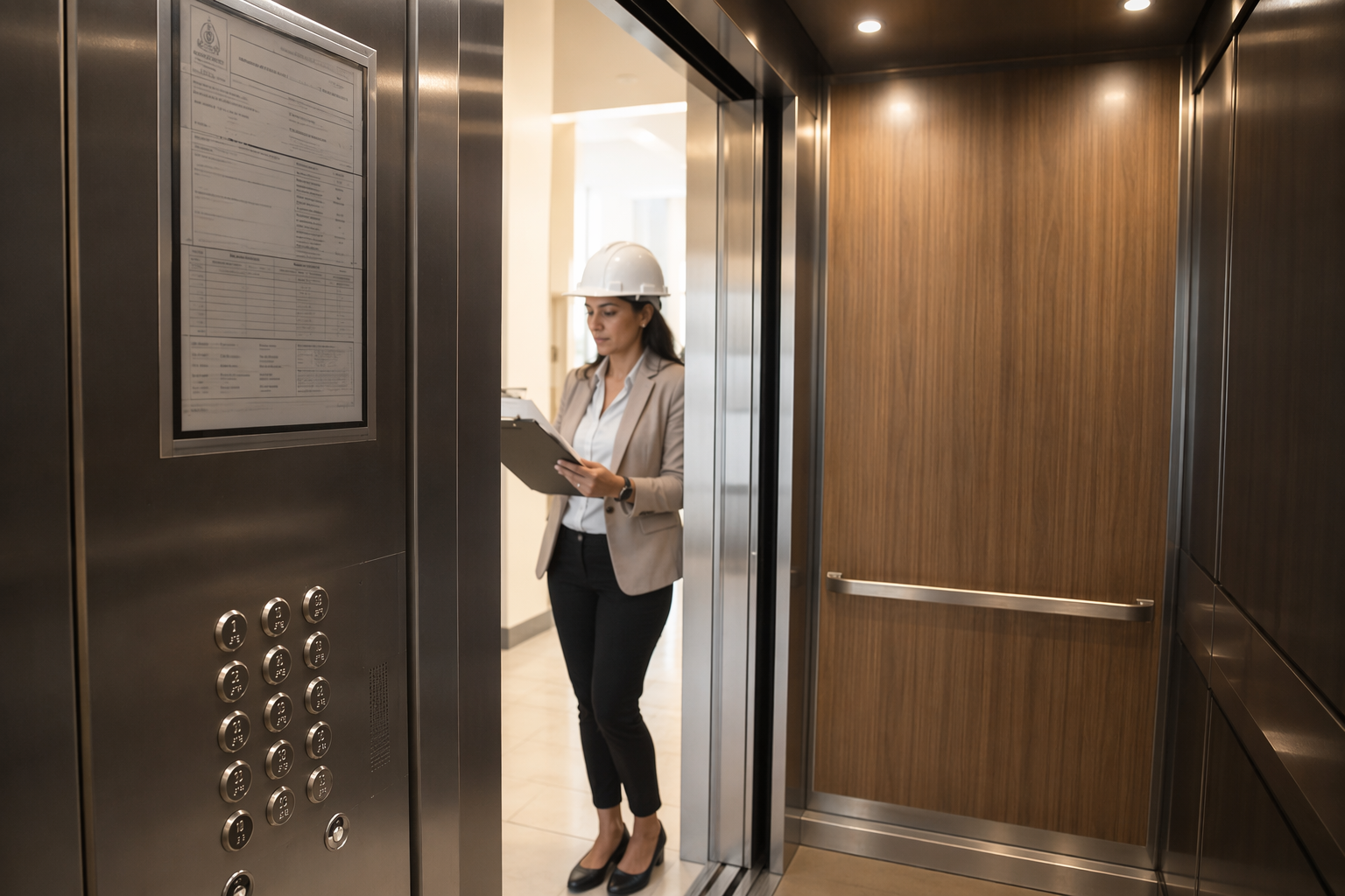 QEI inspector reviewing a California elevator compliance certificate posted inside an elevator cab in Long Beach CA during an annual safety inspection.