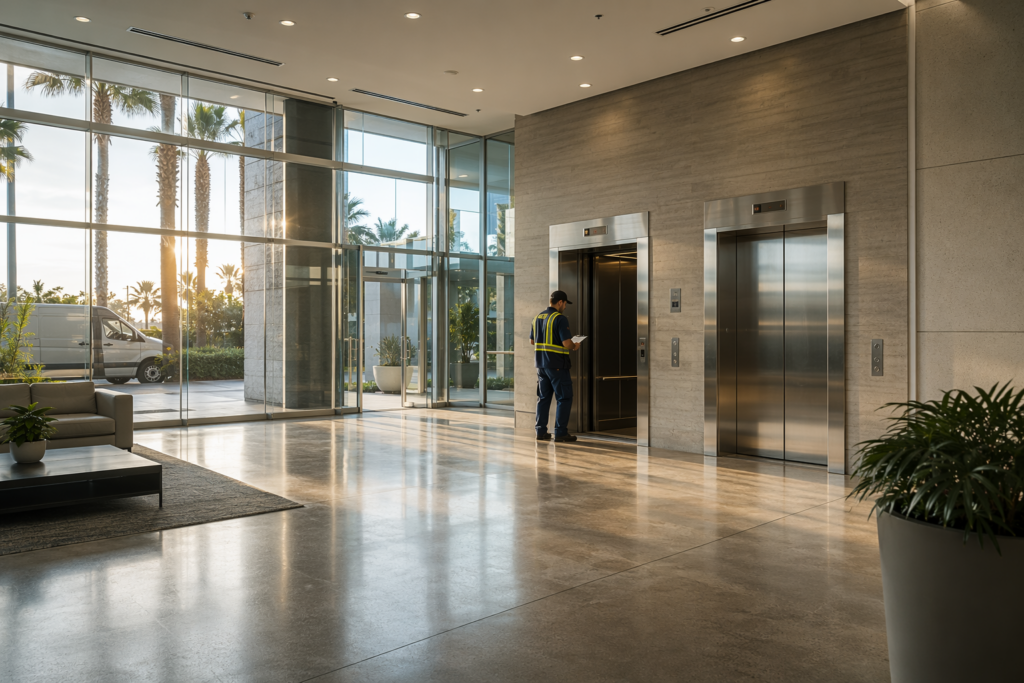 IUEC-certified elevator service technician inspecting a commercial elevator in an Orange County CA mid-rise building lobby with stainless steel doors
