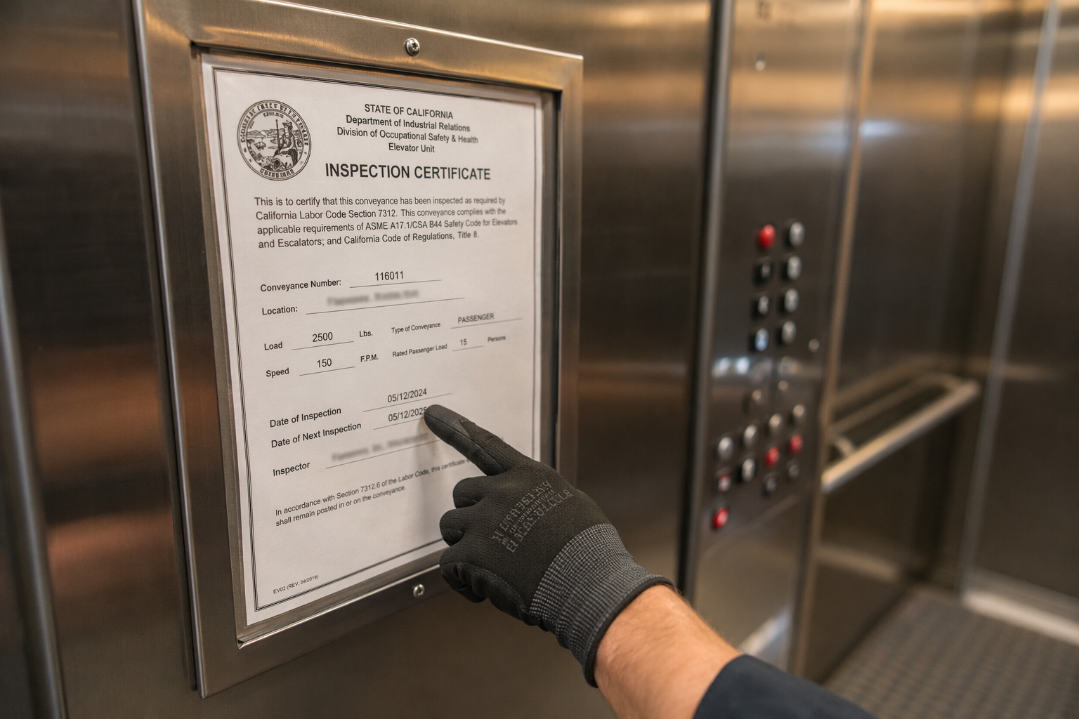 California elevator inspection certificate displayed inside an elevator cab in Orange County, showing code compliance documentation required under Title 8 regulations