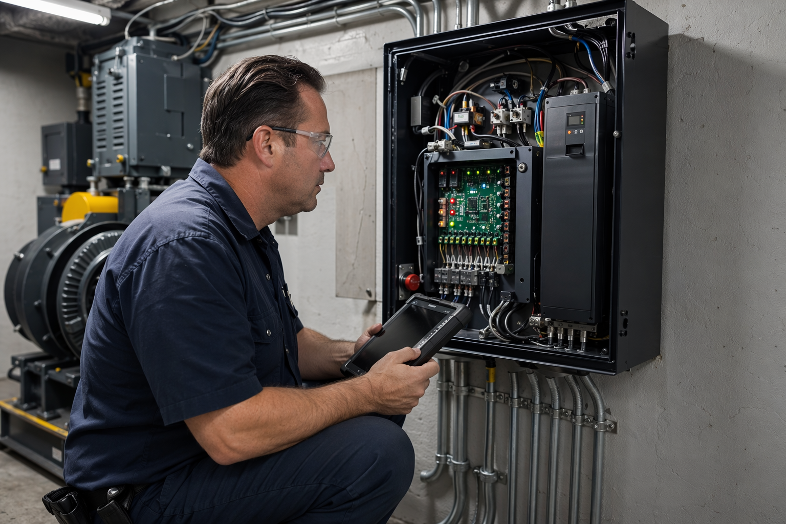 Elevator technician diagnosing hydraulic elevator controller in a machine room during an emergency service call in Orange County CA