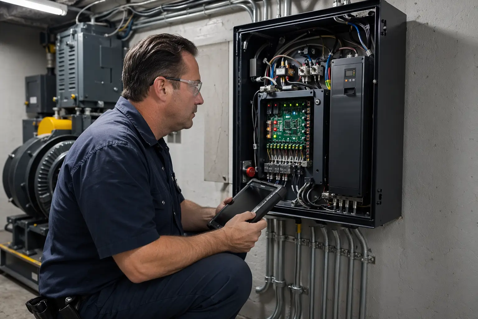 24/7 Emergency Elevator Repair – Machine Room Diagnostics Elevator technician diagnosing hydraulic elevator controller in a machine room during an emergency service call in Orange County CA