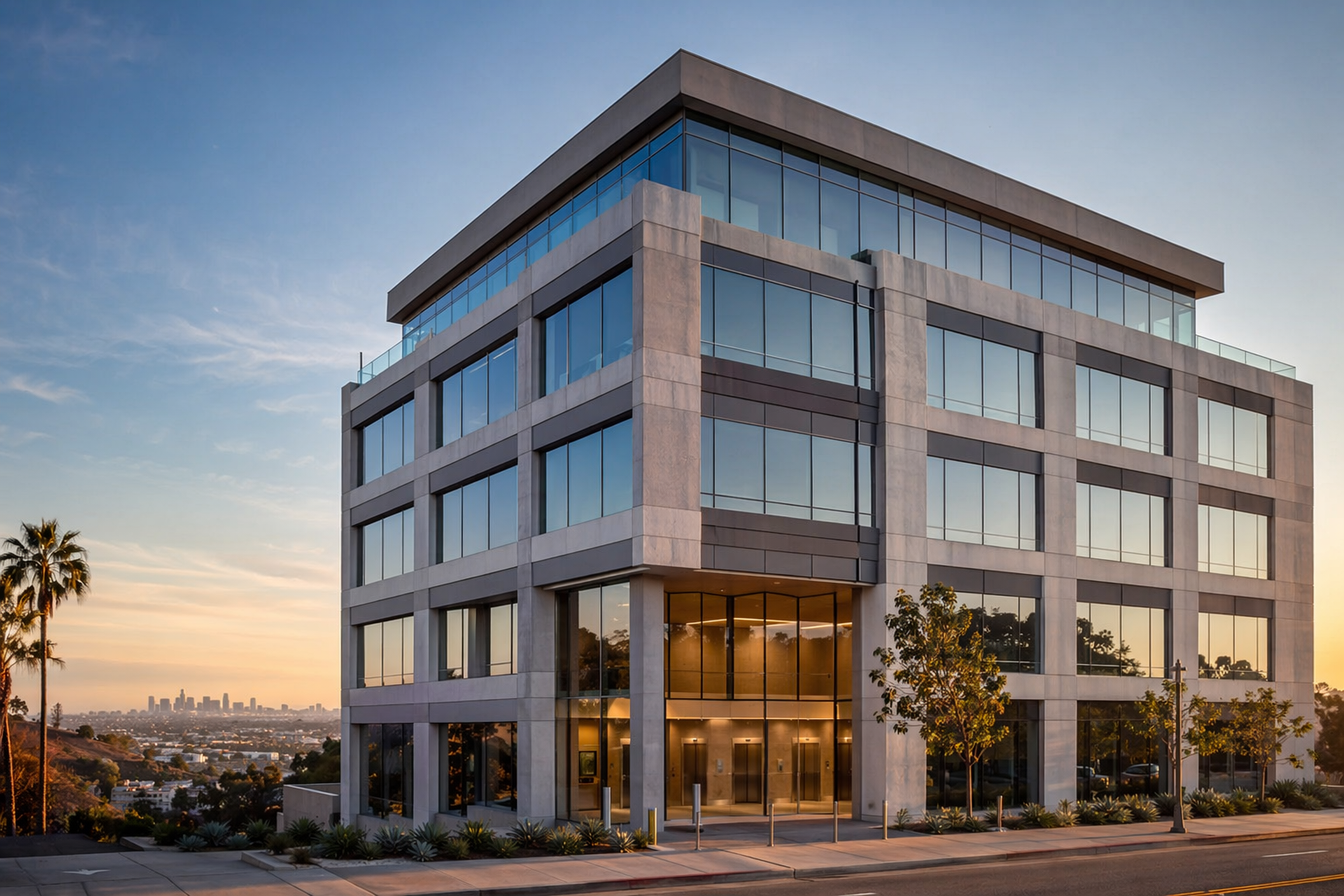 Mid-rise commercial building in Signal Hill CA with stainless steel elevator lobby visible through glass facade, representing local elevator service by Liftech Elevator