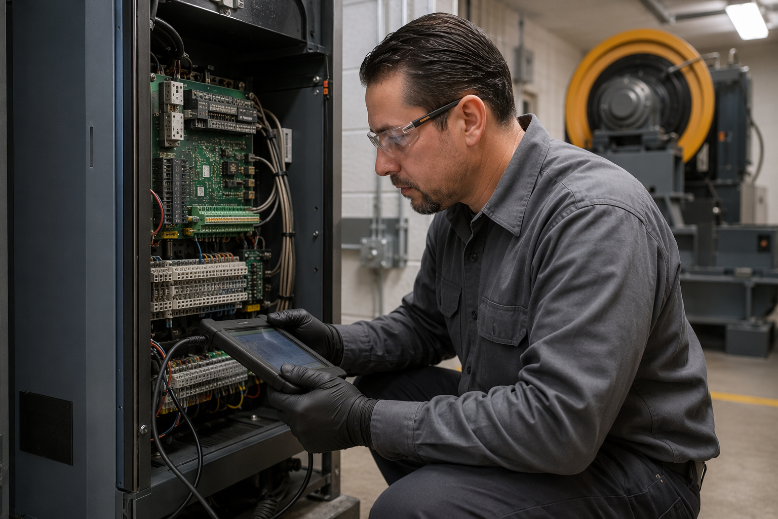 IUEC-certified elevator technician diagnosing a traction elevator controller in a Signal Hill CA machine room during a preventive maintenance visit