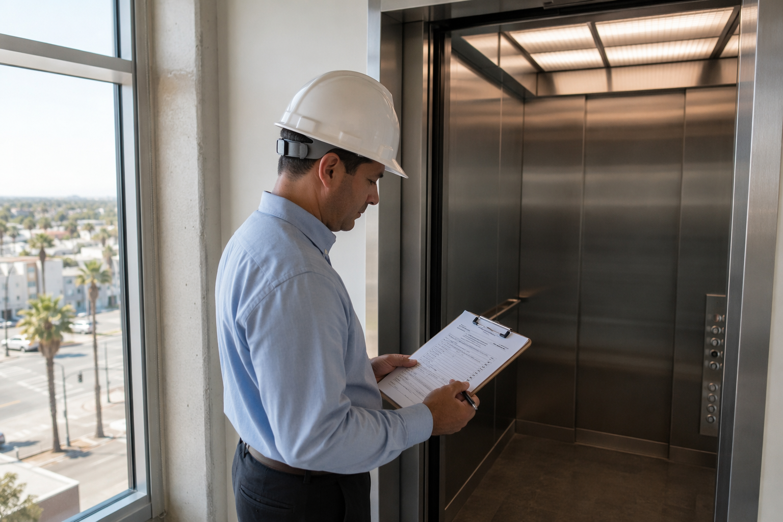 Elevator safety inspector reviewing California DOSH compliance checklist beside an open elevator cab in a Signal Hill CA commercial building