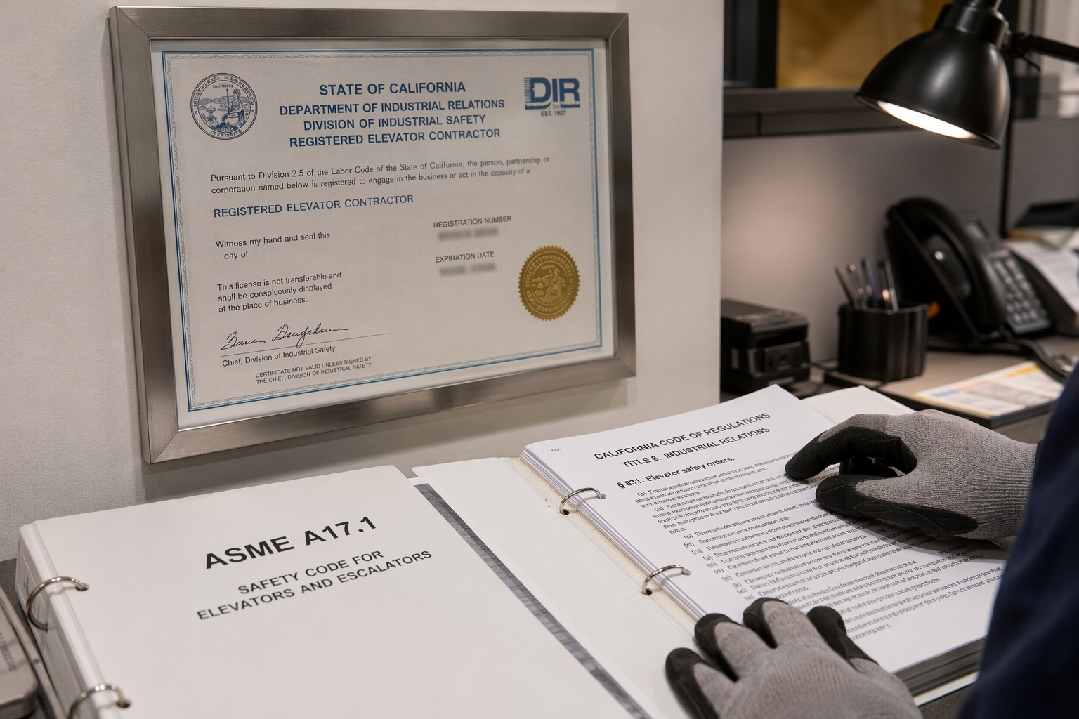 California Elevator Licensing and Code Compliance Documentation California DIR elevator contractor license and ASME A17.1 code documents reviewed during elevator service provider comparison in Signal Hill CA