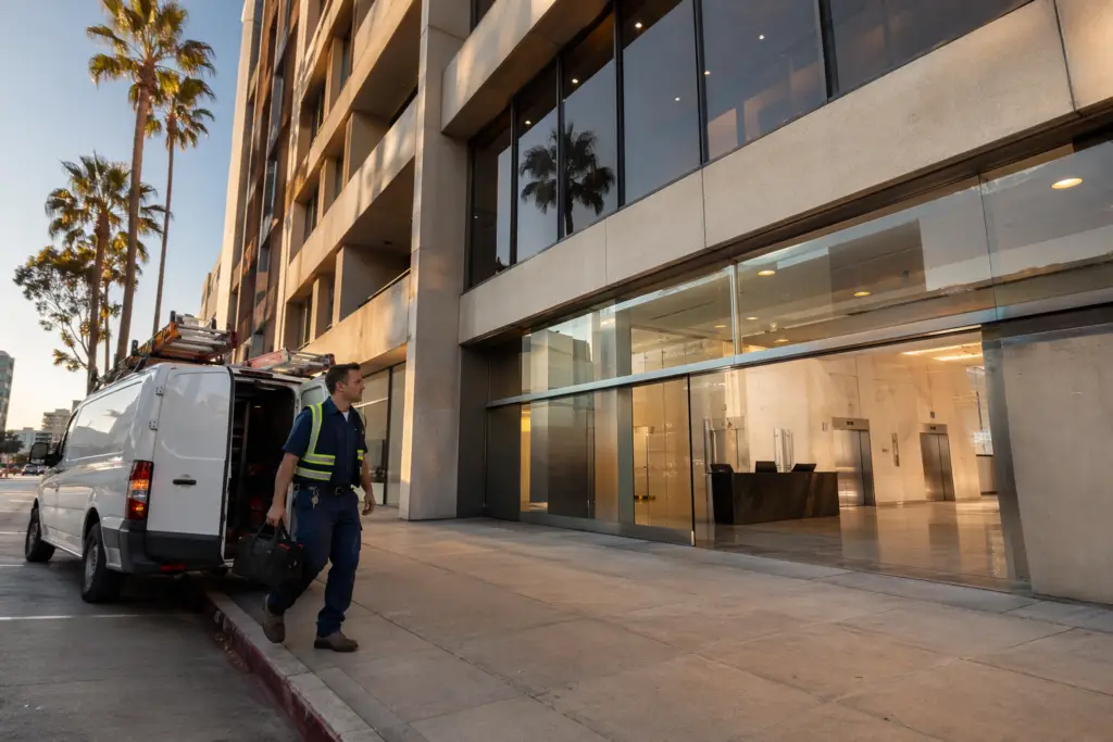 Elevator service technician arriving at a Long Beach CA commercial building in response to an elevator stuck between floors emergency call, 562-609-3478