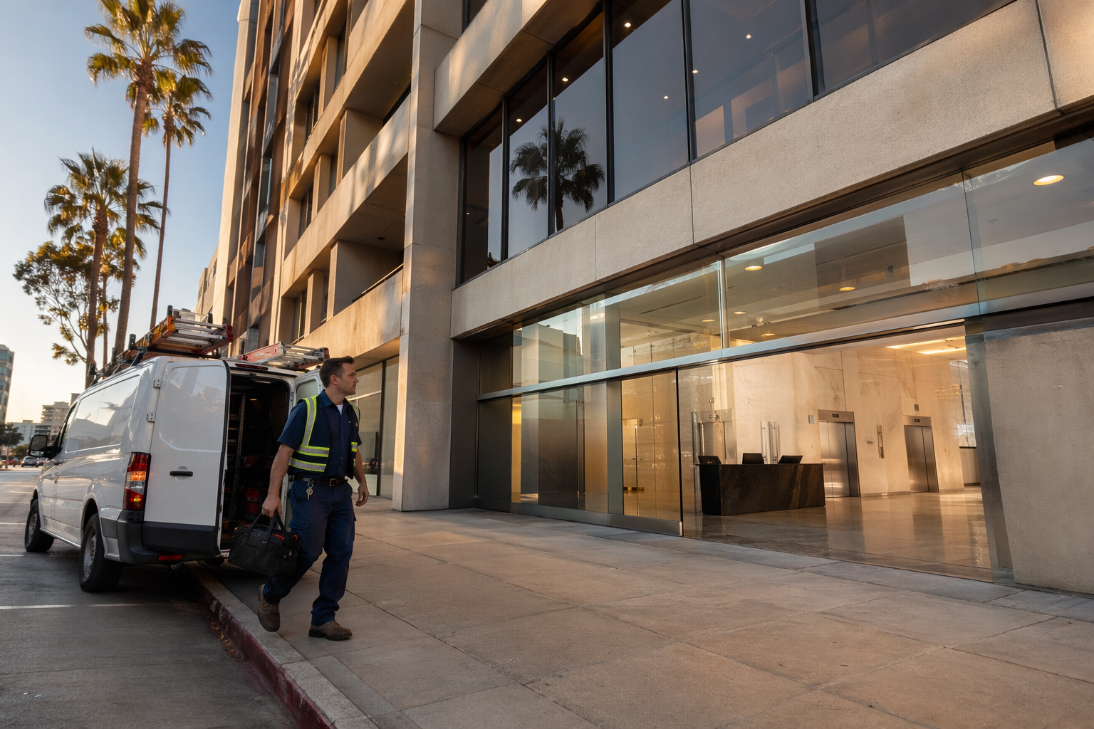 Emergency Elevator Response Arrival Elevator service technician arriving at a Long Beach CA commercial building in response to an elevator stuck between floors emergency call, 562-609-3478