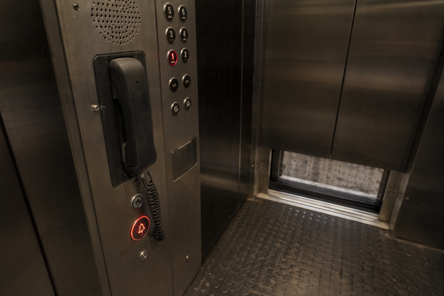 In-Car Emergency Phone Panel Emergency telephone and alarm button inside a commercial elevator cab stuck between floors, the correct first step passengers should use when trapped