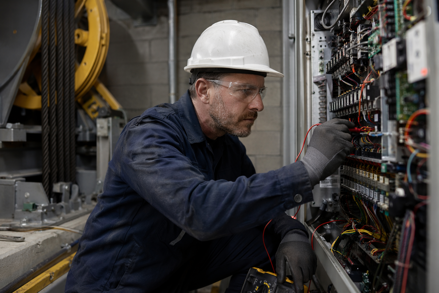 Licensed elevator technician diagnosing controller fault inside a machine room after an elevator became stuck between floors at a Los Angeles area building