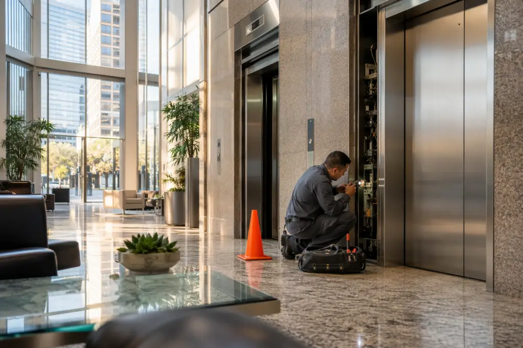Licensed elevator technician responding to an emergency elevator repair call in a Los Angeles commercial building lobby with an out-of-service cone and open controller panel