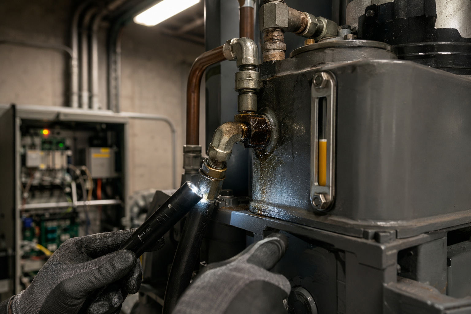 Hydraulic fluid leak on elevator power unit inside a Los Angeles building machine room — a genuine emergency repair condition requiring immediate shutdown
