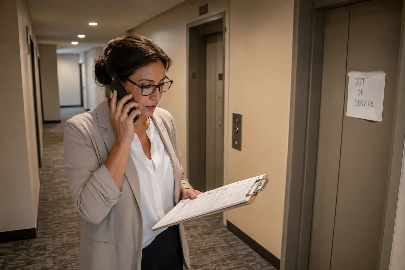 Property manager in a Long Beach residential building documenting an elevator breakdown and calling a licensed emergency elevator repair company