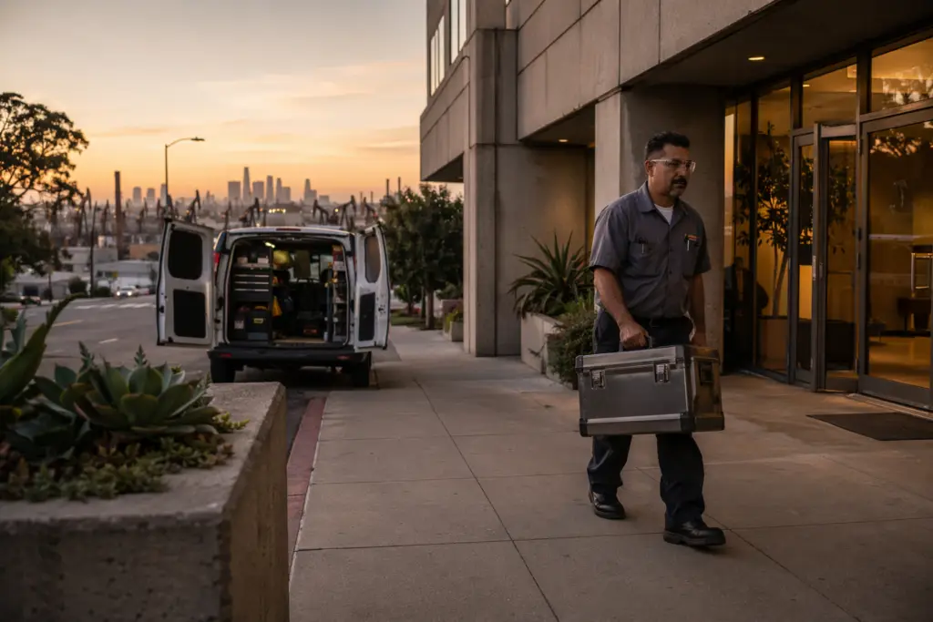 Emergency elevator repair technician arriving at a Signal Hill CA mid-rise commercial building with tools at golden hour, ready for 24/7 service call.