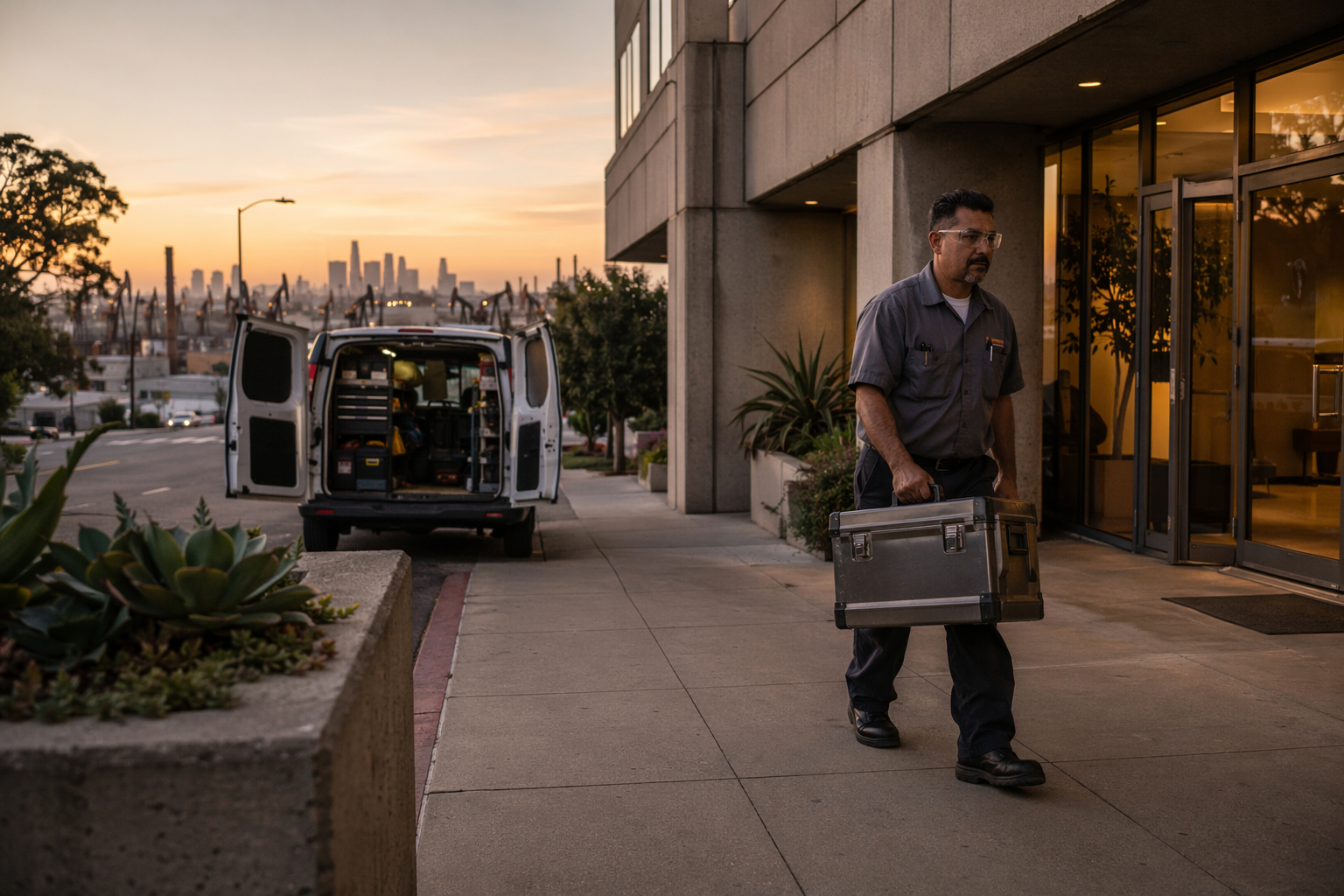 Emergency elevator repair technician arriving at a Signal Hill CA mid-rise commercial building with tools at golden hour, ready for 24/7 service call.