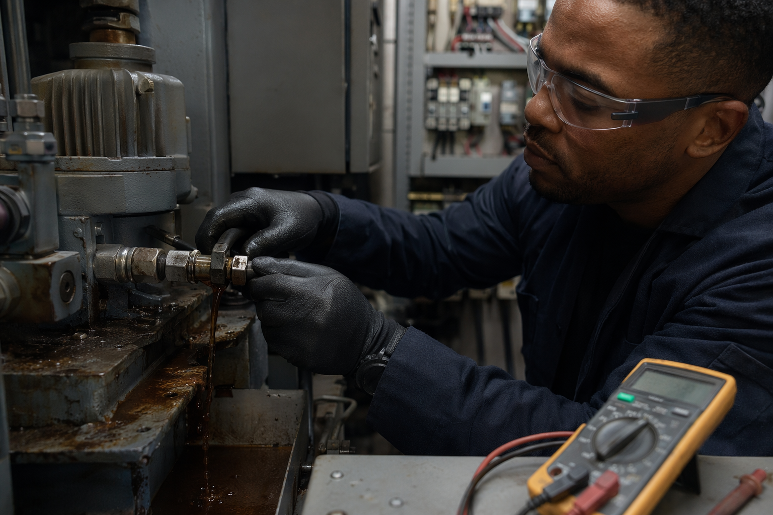 Elevator technician inspecting a leaking hydraulic power unit seal during an emergency elevator repair service call in Signal Hill CA.