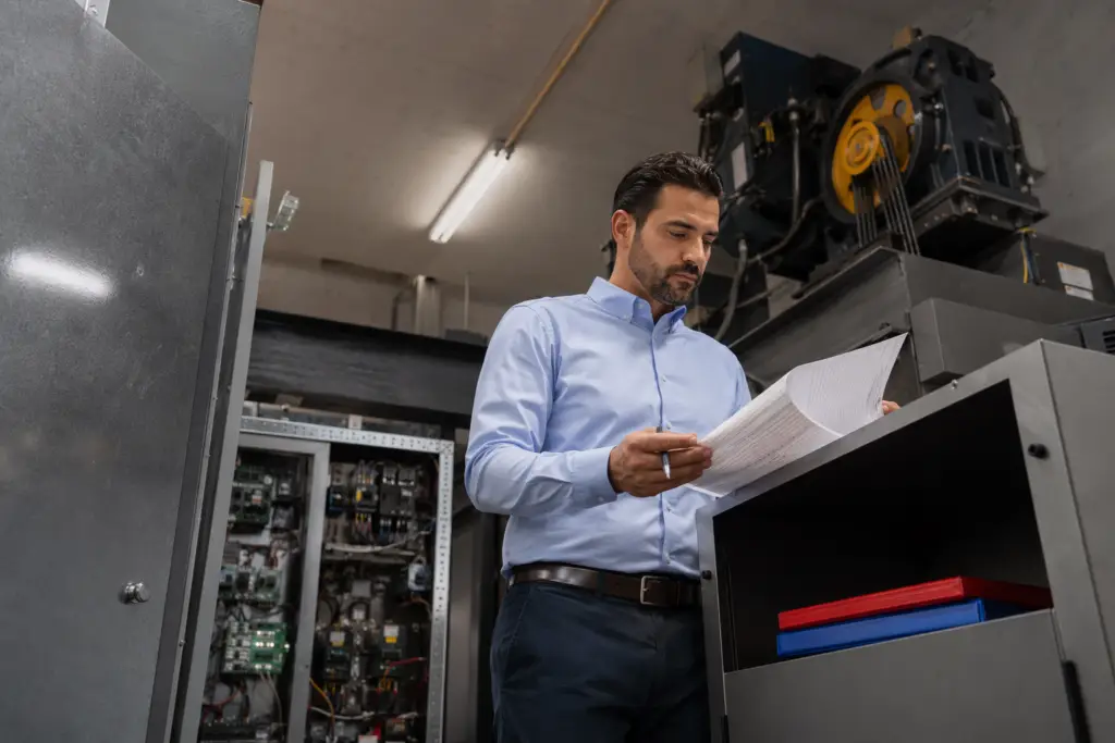 Facilities manager reviewing a full maintenance vs oil and grease elevator service contract in a commercial machine room in Los Angeles CA
