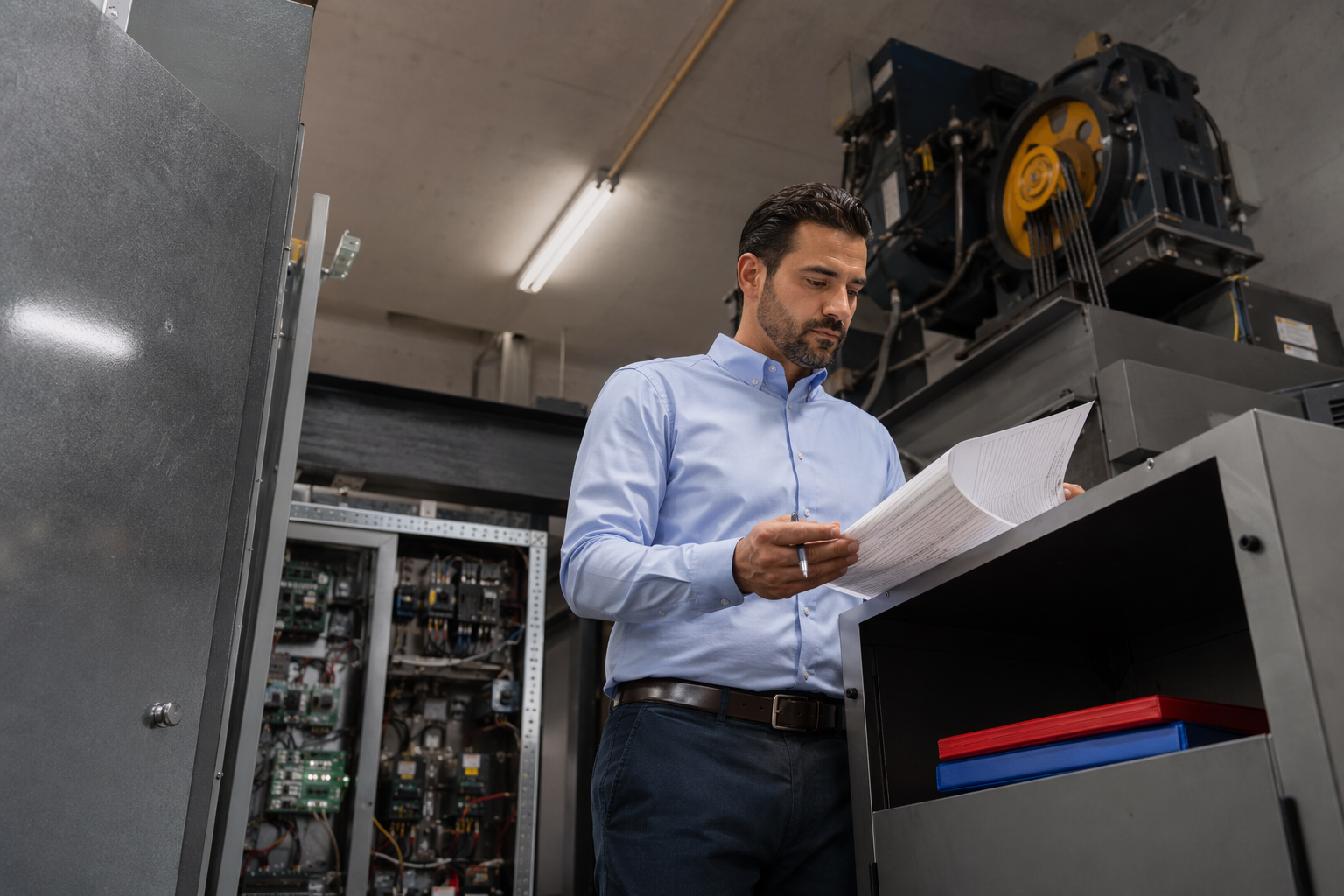 Choosing Between Full Maintenance and O&G Elevator Contracts Facilities manager reviewing a full maintenance vs oil and grease elevator service contract in a commercial machine room in Los Angeles CA