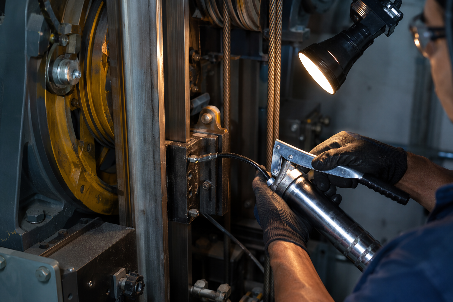 Full Maintenance Contract: Hands-On Preventive Service Elevator technician lubricating traction elevator guide rail components under a full maintenance service contract in a Long Beach CA commercial building