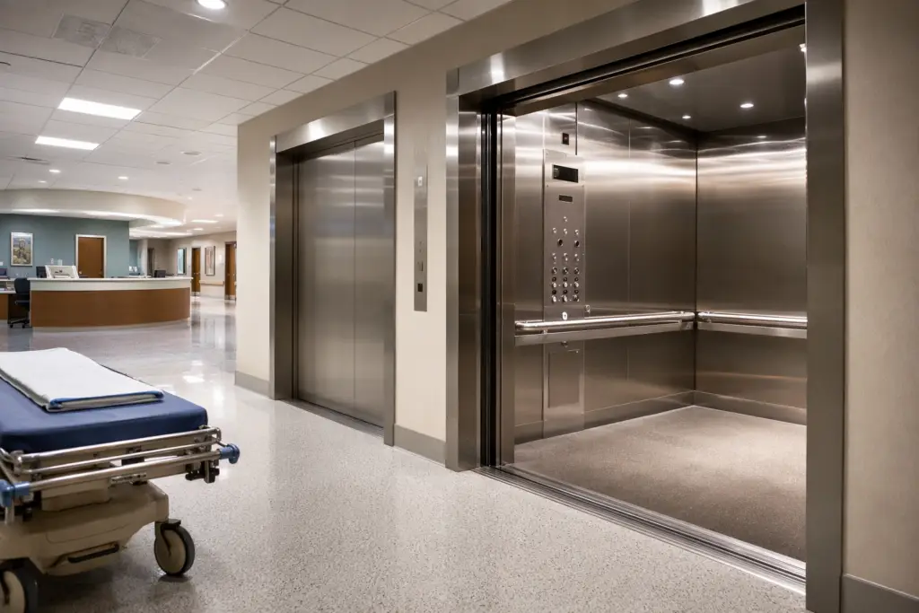Wide view of hospital elevator doors open in a Southern California medical center corridor, showing ADA-compliant cab interior and oversized control panel for patient transport.