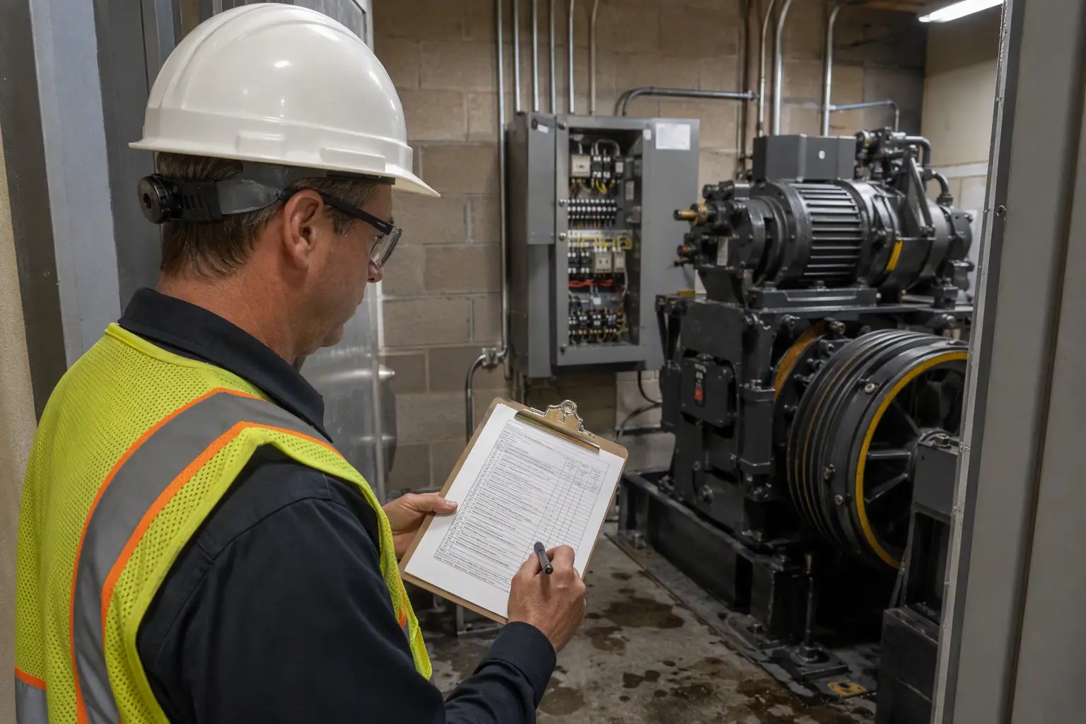 Elevator inspector reviewing compliance checklist in hospital machine room with traction drive equipment visible, reflecting California Title 8 and ASME A17.1 inspection requirements.