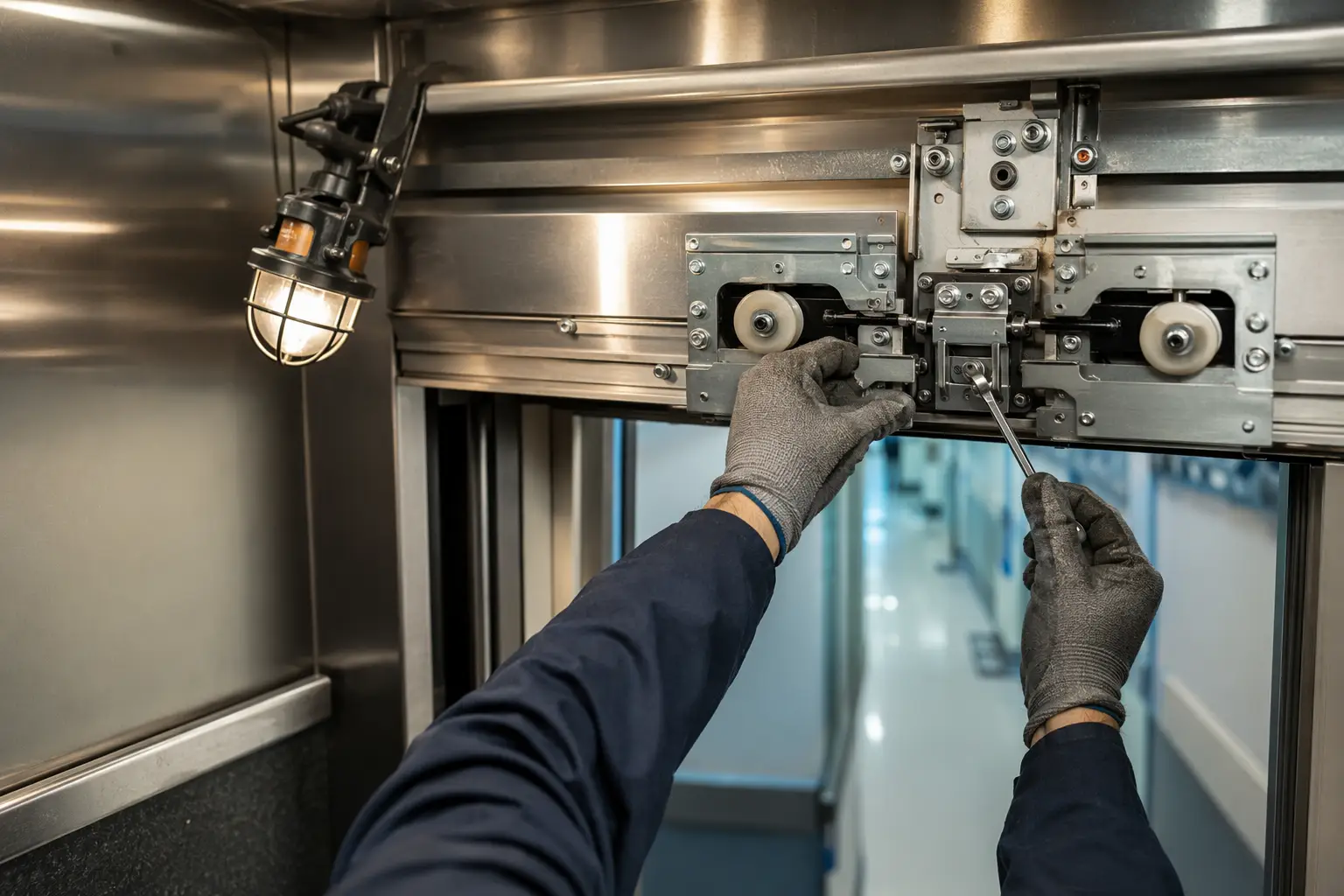 Technician servicing hospital elevator door operator mechanism showing center-opening door clutch hardware, representing specialized healthcare elevator maintenance in Long Beach and Los Angeles CA.
