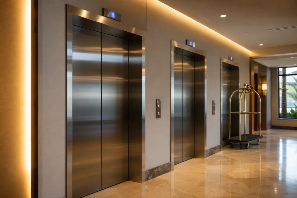 Hotel elevator lobby in a Southern California hospitality property showing three stainless-steel elevator doors — illustrating hotel elevator maintenance best practices.