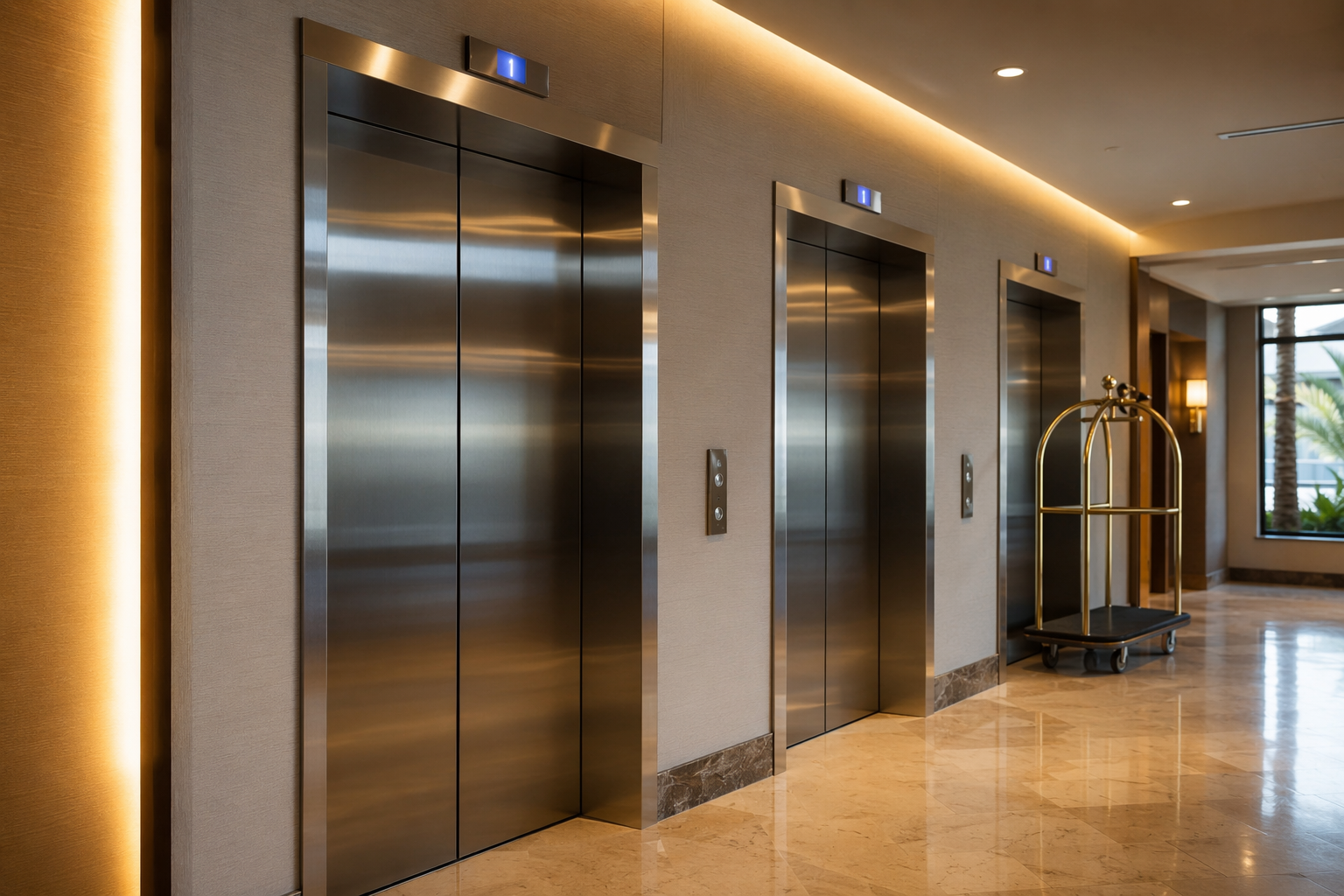 Hotel Elevator Lobby — Preventive Maintenance Hotel elevator lobby in a Southern California hospitality property showing three stainless-steel elevator doors — illustrating hotel elevator maintenance best practices.