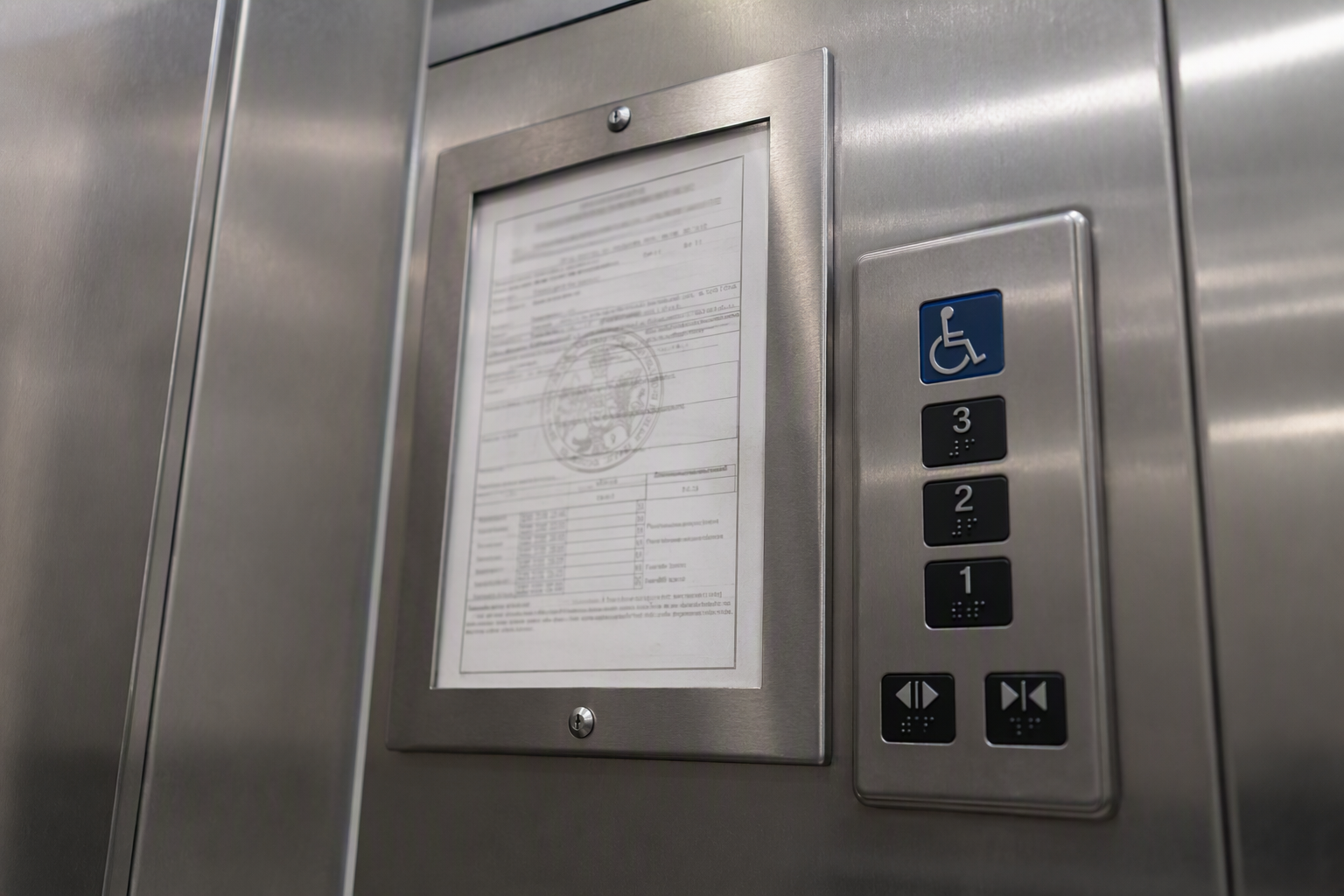 Elevator Compliance Certificate and ADA Controls California elevator Certificate of Inspection and ADA Braille control panel inside a hotel elevator cab — key compliance elements for hotel elevator maintenance standards.