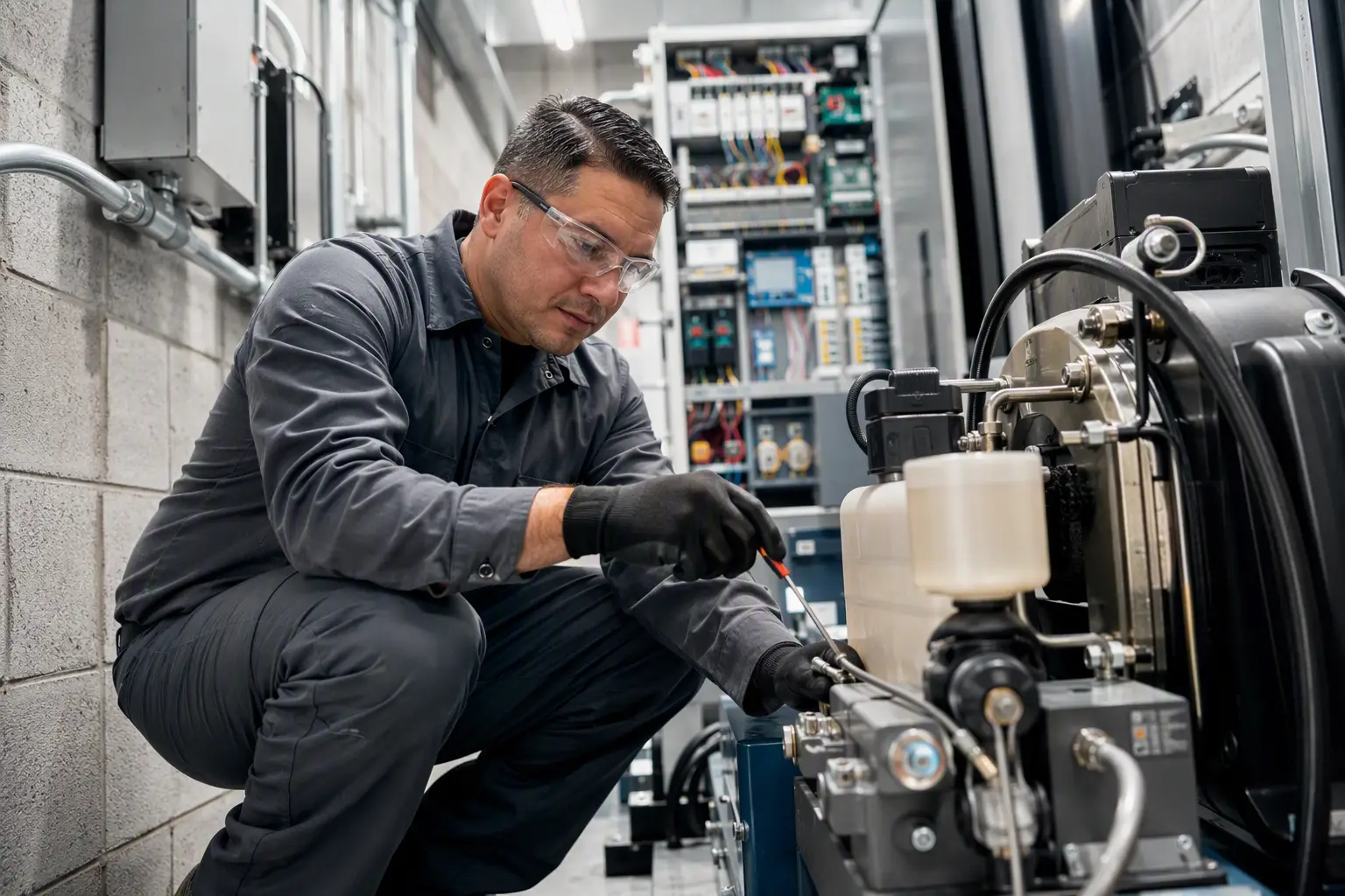 Hotel Elevator Machine Room Preventive Maintenance Certified elevator technician servicing hotel elevator machine-room equipment during a preventive maintenance visit in a Southern California property.
