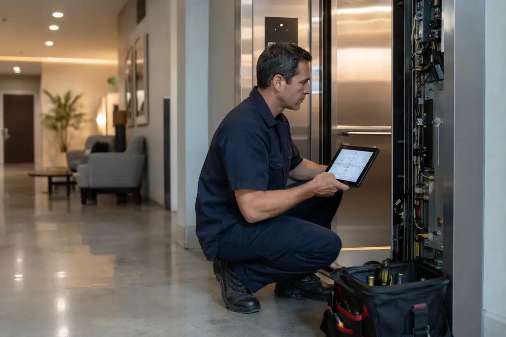 Certified elevator technician diagnosing a door panel fault in a Long Beach CA residential lobby, illustrating how fast an elevator can be repaired on-site.