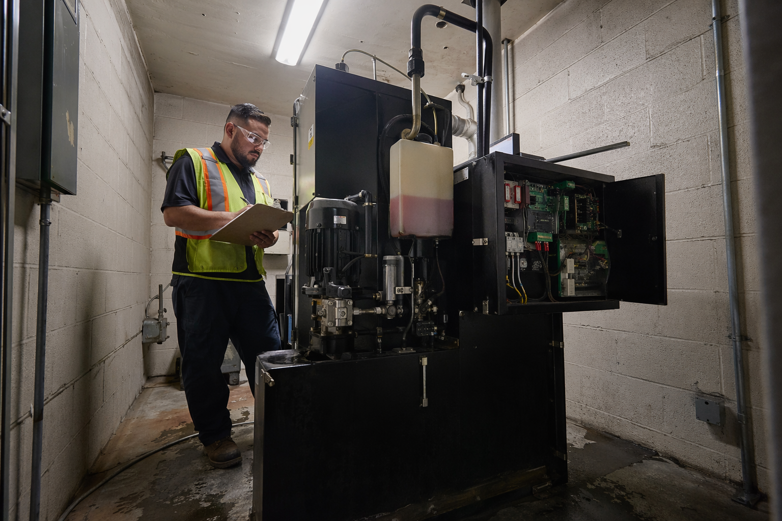 Hydraulic Machine Room Repair Inspection Elevator technician reviewing service records beside a hydraulic power unit in an Orange County CA machine room, a key step in diagnosing longer elevator repair timelines.