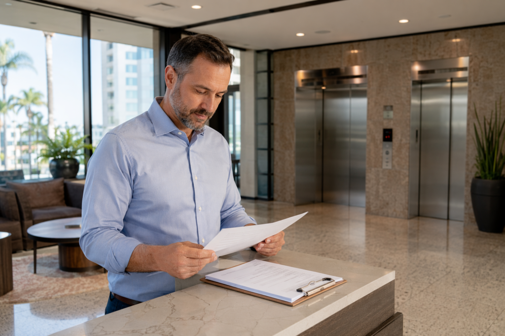 Property manager reviewing elevator maintenance cost contract at a Long Beach CA commercial building lobby with stainless steel elevator doors visible in background
