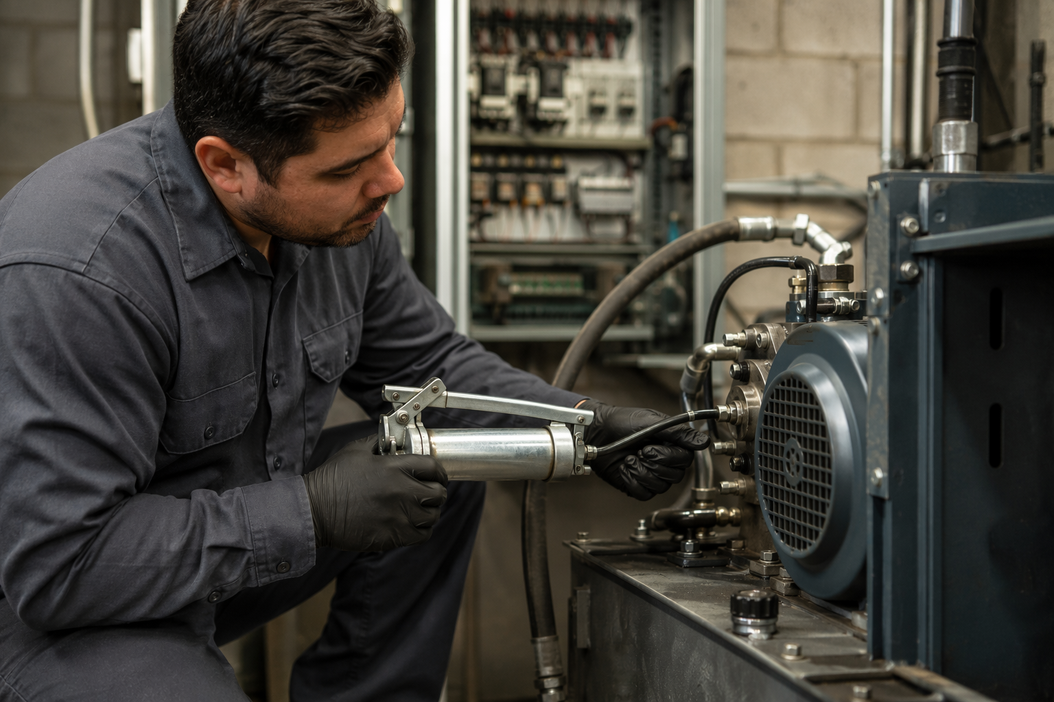 Elevator mechanic lubricating a hydraulic power unit inside a Los Angeles commercial building machine room during routine elevator maintenance service