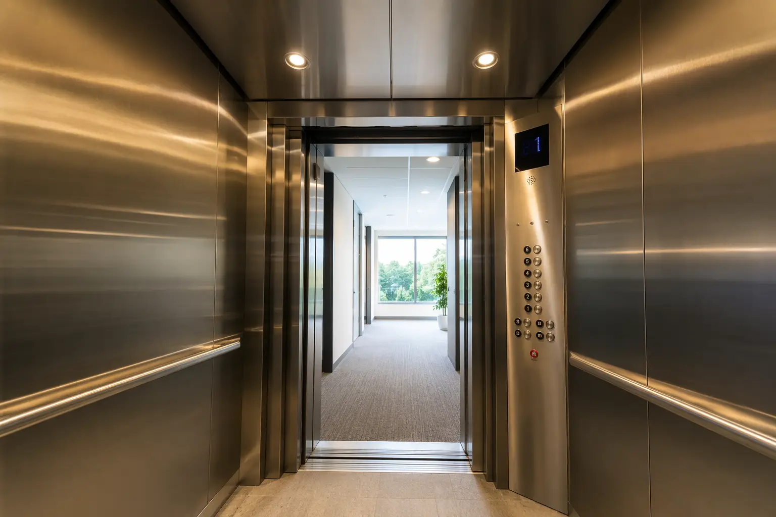 Modernized elevator cab interior with LED lighting, stainless steel walls, and updated digital floor indicator in an Orange County CA office building