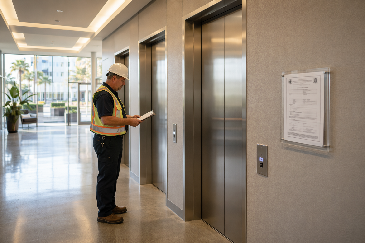 Licensed elevator inspector reviewing a Cal/OSHA Certificate of Inspection posted in a Long Beach commercial building elevator lobby during an annual safety inspection