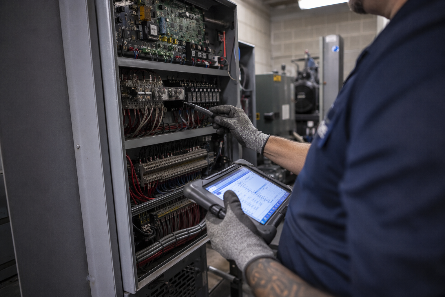 Elevator technician performing a maintenance inspection on a traction elevator controller inside a Signal Hill CA machine room, checking electrical components and safety devices