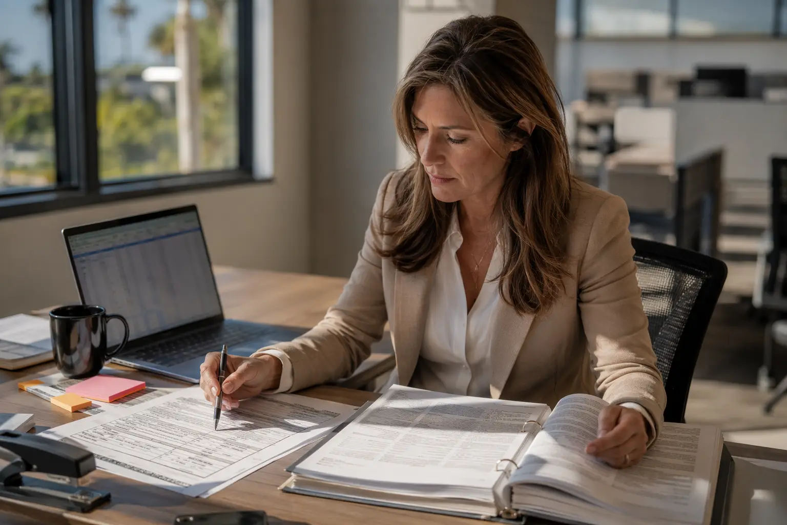 Property manager in an Orange County CA office reviewing an ASME A17.1 elevator inspection interval schedule and maintenance binder to ensure code compliance